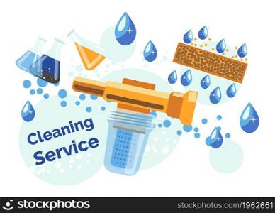 Technology allowing to purify water from harmful chemical parts and elements. Cleaning service for home, purification station with filters installation. Health care and life. Vector in flat style. Cleaning service, purification of water technology