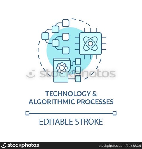 Technology and algorithmic processes turquoise concept icon. Info systems interaction abstract idea thin line illustration. Isolated outline drawing. Editable stroke. Arial, Myriad Pro-Bold fonts used. Technology and algorithmic processes turquoise concept icon