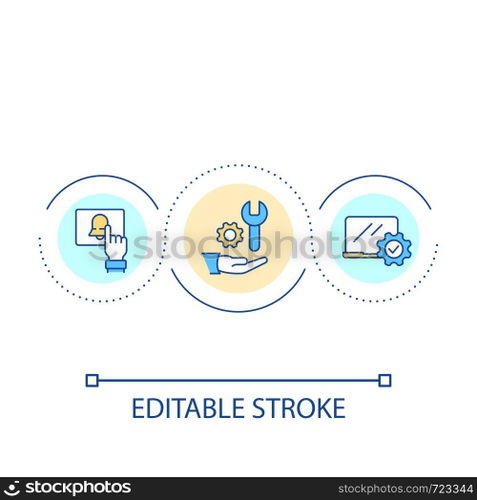 Technology and software setup loop concept icon. Prepare virtual workplace. Computer repair service abstract idea thin line illustration. Isolated outline drawing. Editable stroke. Arial font used. Technology and software setup loop concept icon