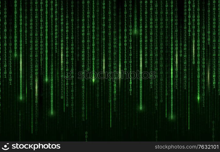 Technology background, digital binary code matrix, vector computer cyberspace and internet communication coding. Digital binary code matrix green background, internet data network and programming. Technology background, digital binary code matrix