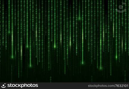 Technology background, digital binary code matrix, vector computer cyberspace and internet communication coding. Digital binary code matrix green background, internet data network and programming. Technology background, digital binary code matrix