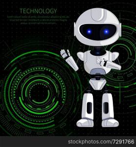 Technology banner, white robot waving to us and text sample with letterings above, robotic creature and interface, isolated on vector illustration. Technology Robot and Text Vector Illustration