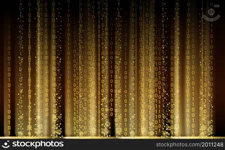 Technology Binary abstract background, matrix style, gold color, falling numbers. Digital binary data flow dust on screen. Programming concept, secure data, hacking, piracy, technology, internet. Vector illustration isolated. Technology Binary abstract background, matrix style, gold color, falling numbers. Digital binary data flow dust on screen. Programming concept, secure data, hacking, piracy, technology, internet. Vector illustration