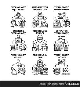 Technology business Computer, equipment, Information , management, human, vision, school, car vector concept black illustration. Technology business concept icon vector illustration