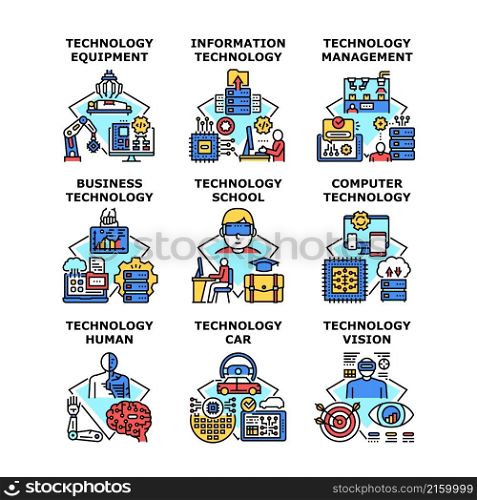 Technology business Computer, equipment, Information , management, human, vision, school, car vector concept color illustration. Technology business concept icon vector illustration