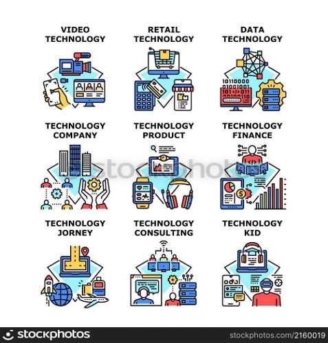Technology business product, kid, Retail, Video, finance, Data, jorney, company, consulting vector concept color illustration. Technology business concept icon vector illustration