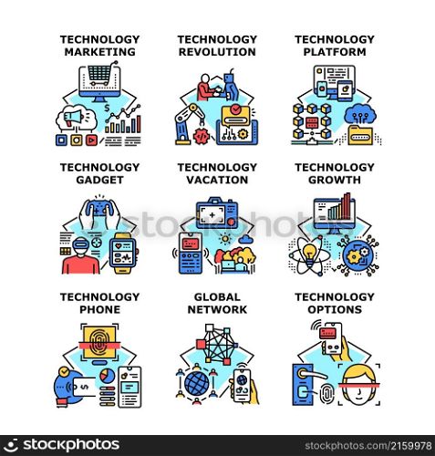 Technology business revolution, marketing, growth, platform, vacation, gadget, options, phone, network vector concept color illustration. Technology business concept icon vector illustration