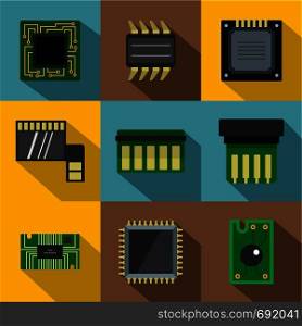 Technology chip icons set. Flat set of 9 technology chip vector icons for web with long shadow. Technology chip icons set, flat style