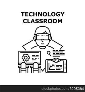 Technology Classroom Vector Icon Concept. Technology Classroom For Learning And Studying Computer Software, Pupil Using Vr Glasses For Education And Entertainment Black Illustration. Technology Classroom Vector Concept Illustration