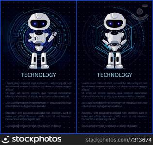 Technology collection of robots standing in complete tranquility, headlines and text sample, interface vector illustration, isolated on blue. Technology Collection of Robot Vector Illustration