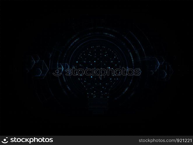 Technology concept. Light bulb polygonal shape of an artificial intelligence with lines and glowing dots and shadow over the dark blue background.