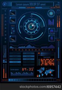 Technology Concept With Hud, Gui Design Elements. Head-up Displa. Technology Concept With Hud, Gui Design Elements. Head-up Display Monitor. Futuristic User Interface. Infographic Menu Ui For Vr. Hi Tech Concept Background Template. Vector Illustration.