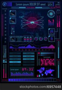 Technology Concept With Hud, Gui Design Elements. Head-up Displa. Technology Concept With Hud, Gui Design Elements. Head-up Display Monitor. Futuristic User Interface Circle. Infographic Menu Ui For Vr. Hi Tech Concept Background Template. Atom. Vector Illustration.