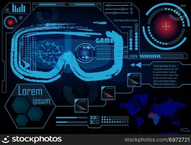 Technology Concept With Hud, Gui Design Elements. Head-up Display Monitor. Futuristic User Interface. Infographic Menu Ui For Vr. VR goggles. Hologram headset. Game glasses. Vector Illustration