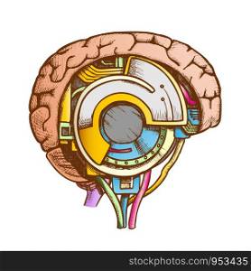Technology Cyber Brain Side View Color Vector. Artificial Intelligence Concept In Form Of Human Brain. Digital Mind Cyberbrain Hand Drawn In Vintage Style Illustration. Technology Cyber Brain Side View Color Vector