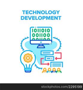 Technology Development Vector Icon Concept. Programmer With Interesting Idea Developing Work Process Hierarchy And Programming Code, Software Technology Development It Business Color Illustration. Technology Development Vector Color Illustration