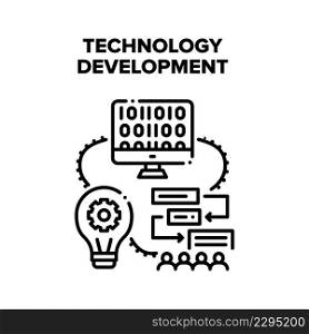 Technology Development Vector Icon Concept. Programmer With Interesting Idea Developing Work Process Hierarchy And Programming Code, Software Technology Development It Business Black Illustration. Technology Development Vector Black Illustration