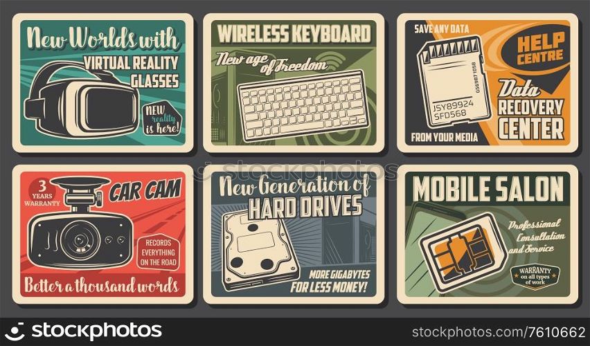 Technology devices, computer, phone and internet communication, vector retro posters. Electronic smart digital gadgets, virtual reality VR glasses, wireless keyboard and computer technology devices. Technology devices, electronics retro posters