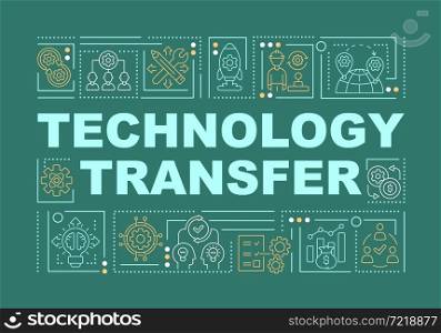 Technology dissemination word concepts banner. Innovations sharing. Infographics with linear icons on green background. Isolated creative typography. Vector outline color illustration with text. Technology dissemination word concepts banner