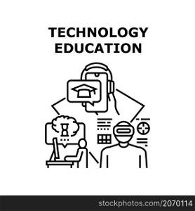 Technology education knowledge. Information science school. Computer book. Digital student training data vector concept black illustration. Technology education icon vector illustration