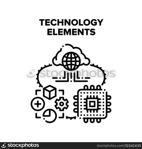 Technology Elements Vector Icon Concept. Microchip Processor Computer Part And Software Developing Occupation, Cloud Storage Digital Service, Technology Elements Black Illustration. Technology Elements Vector Concept Color Illustration