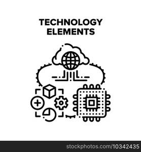 Technology Elements Vector Icon Concept. Microchip Processor Computer Part And Software Developing Occupation, Cloud Storage Digital Service, Technology Elements Black Illustration. Technology Elements Vector Concept Color Illustration