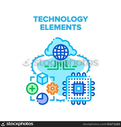 Technology Elements Vector Icon Concept. Microchip Processor Computer Part And Software Developing Occupation, Cloud Storage Digital Service, Technology Elements Color Illustration. Technology Elements Vector Concept Color Illustration
