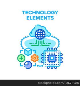 Technology Elements Vector Icon Concept. Microchip Processor Computer Part And Software Developing Occupation, Cloud Storage Digital Service, Technology Elements Color Illustration. Technology Elements Vector Concept Color Illustration