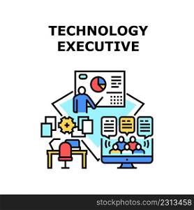 Technology Executive Vector Icon Concept. Technology Executive Presenting Financial Report Chart For Investor In Presentation Room And Online. Video Call With Audience Color Illustration. Technology Executive Vector Concept Illustration