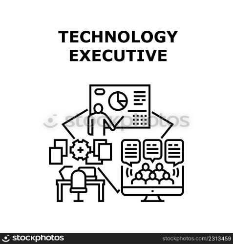 Technology Executive Vector Icon Concept. Technology Executive Presenting Financial Report Chart For Investor In Presentation Room And Online. Video Call With Audience Black Illustration. Technology Executive Vector Concept Illustration