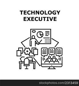 Technology Executive Vector Icon Concept. Technology Executive Presenting Financial Report Chart For Investor In Presentation Room And Online. Video Call With Audience Black Illustration. Technology Executive Vector Concept Illustration