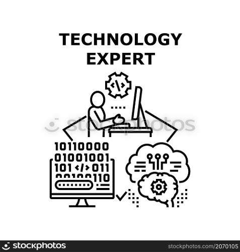 Technology expert data. Business people. Analysis system. Database head. Knowledge isea vector concept black illustration. Technology expert icon vector illustration