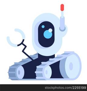 Technology for helping first responders semi flat RGB color vector illustration. Robot construction. Providing data through camera. Rescue robot isolated cartoon character on white background. Technology for helping first responders semi flat RGB color vector illustration