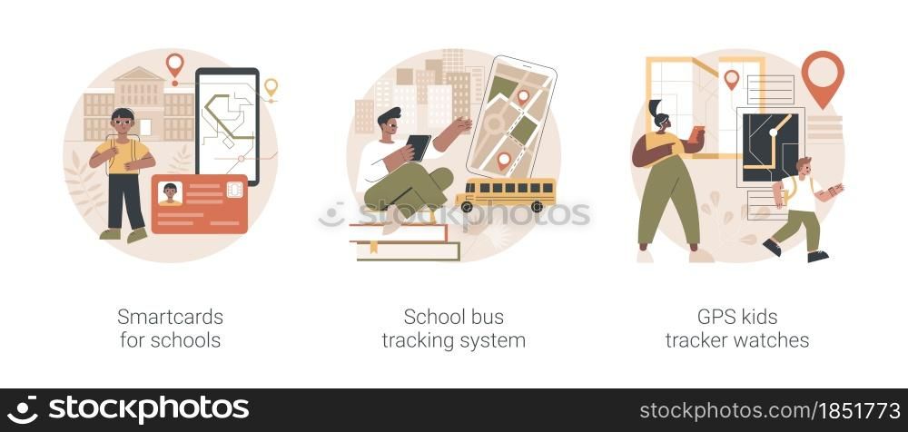 Technology for kids abstract concept vector illustration set. Smartcards for schools, school bus tracking system, GPS location kids tracker watches, student profile, child security abstract metaphor.. Technology for kids abstract concept vector illustrations.