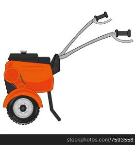 Technology for vegetable garden and garden walking tractor on white background is insulated. Walking tractor cartoon for garden and vegetable garden