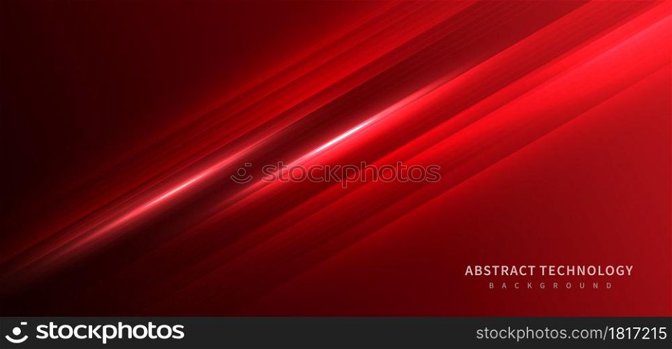 Technology futuristic background striped lines with light effect on red background. Space for text. Vector illustration
