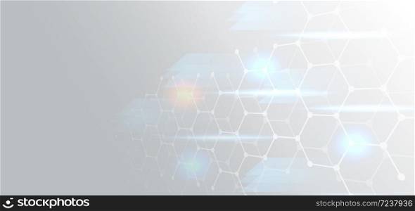Technology futuristic banner background with hexagonal shapes and blue light effect on gray background with space for text. Vector illustration