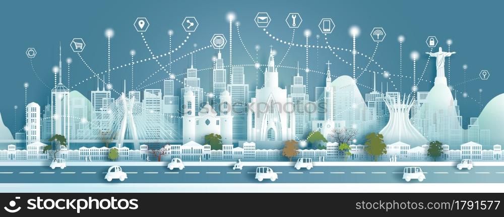 Technology futuristic wireless network communication,Technology smart city with architecture landmarks Brazil at south america, Vector illustration futuristic icon symbol banner in panorama view.