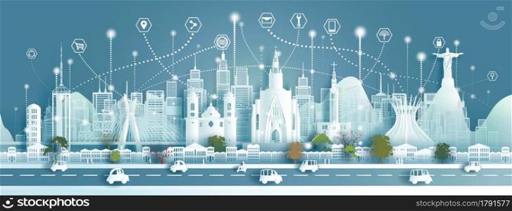 Technology futuristic wireless network communication,Technology smart city with architecture landmarks Brazil at south america, Vector illustration futuristic icon symbol banner in panorama view.