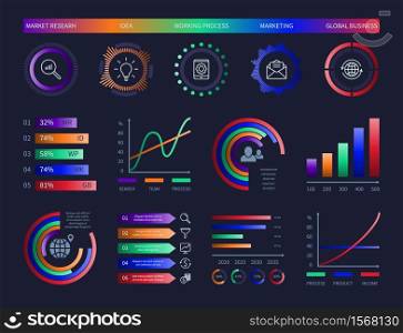 Technology hud vector infographic diagrams digital illustration graphic data chart dashboard design template info charts network management interface diagram analysis information vector infographics