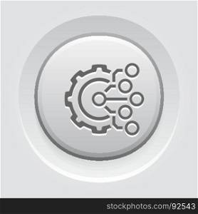 Technology Icon. Gear and Electronic. Digital Factory Symbol.. Technology Icon. Gear and Electronic. Digital Factory Symbol. Flat Line Pictogram. Isolated on white background. Grey Button Design.