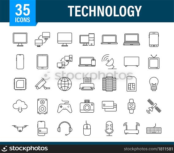 Technology icon on white background. Information technology. Digital communication. Device icon. Global network connection. Vector stock illustration. Technology icon on white background. Information technology. Digital communication. Device icon. Global network connection. Vector stock illustration.