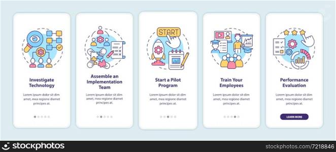 Technology implementation steps onboarding mobile app page screen. Pilot program walkthrough 5 steps graphic instructions with concepts. UI, UX, GUI vector template with linear color illustrations. Technology implementation steps onboarding mobile app page screen