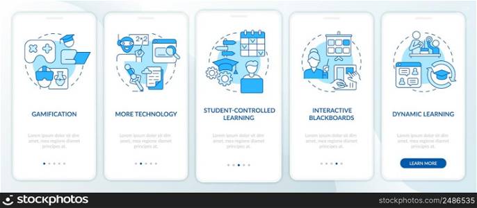 Technology in education trends blue onboarding mobile app screen. Digital walkthrough 5 steps graphic instructions pages with linear concepts. UI, UX, GUI template. Myriad Pro-Bold, Regular fonts used. Technology in education trends blue onboarding mobile app screen