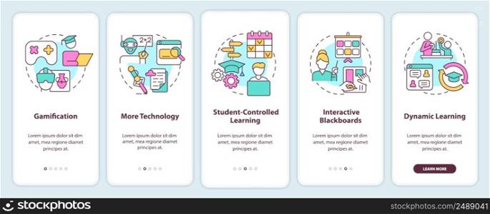 Technology in education trends onboarding mobile app screen. Digital walkthrough 5 steps graphic instructions pages with linear concepts. UI, UX, GUI template. Myriad Pro-Bold, Regular fonts used. Technology in education trends onboarding mobile app screen