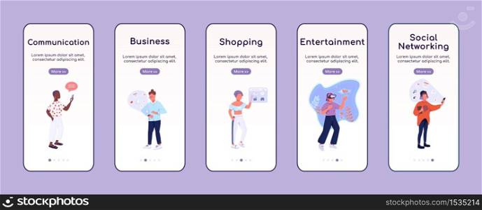 Technology in life onboarding mobile app screen flat vector template. Modern digital lifestyle walkthrough website steps with characters. UX, UI, GUI smartphone cartoon interface, case prints set. Technology in life onboarding mobile app screen flat vector template