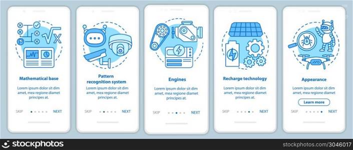Technology in robotics onboarding mobile app page screen vector template. Engineering autonomous devices. Walkthrough website steps with linear illustrations. UX, UI, GUI smartphone interface concept