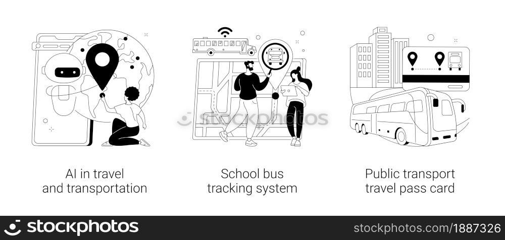 Technology in transportation abstract concept vector illustration set. AI in travel and transportation, school bus tracking system, public transport travel pass card, navigation abstract metaphor.. Technology in transportation abstract concept vector illustrations.