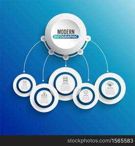 Technology infographic template with 3D paper label, integrated circles. Business concept with 5 options. For content, diagram, flowchart, steps, parts, timeline infographics, workflow layout, chart