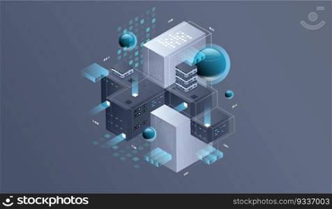 Technology isometric infographic design for quantum computer, artificial intelligence, Concept of big data. Digital information technologies.